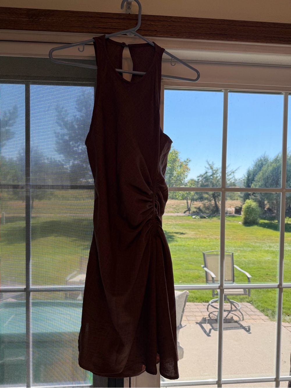 Sleeveless Ruched Side Midi Dress in Deep Brown. Bin 76.